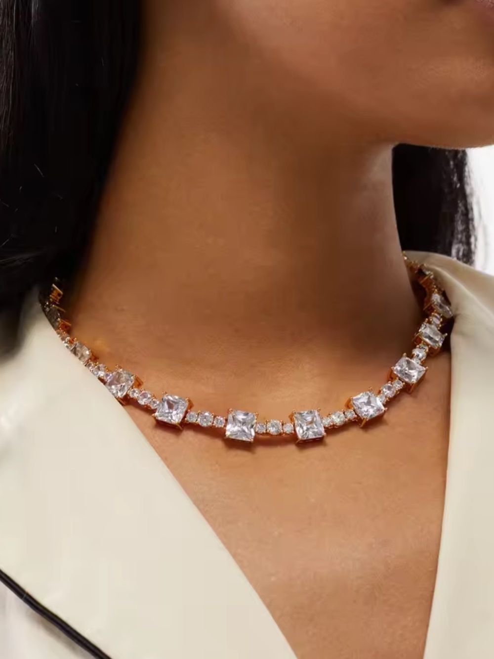 Gold Square-Cut CZ Tennis Necklace - Women's Jewelry